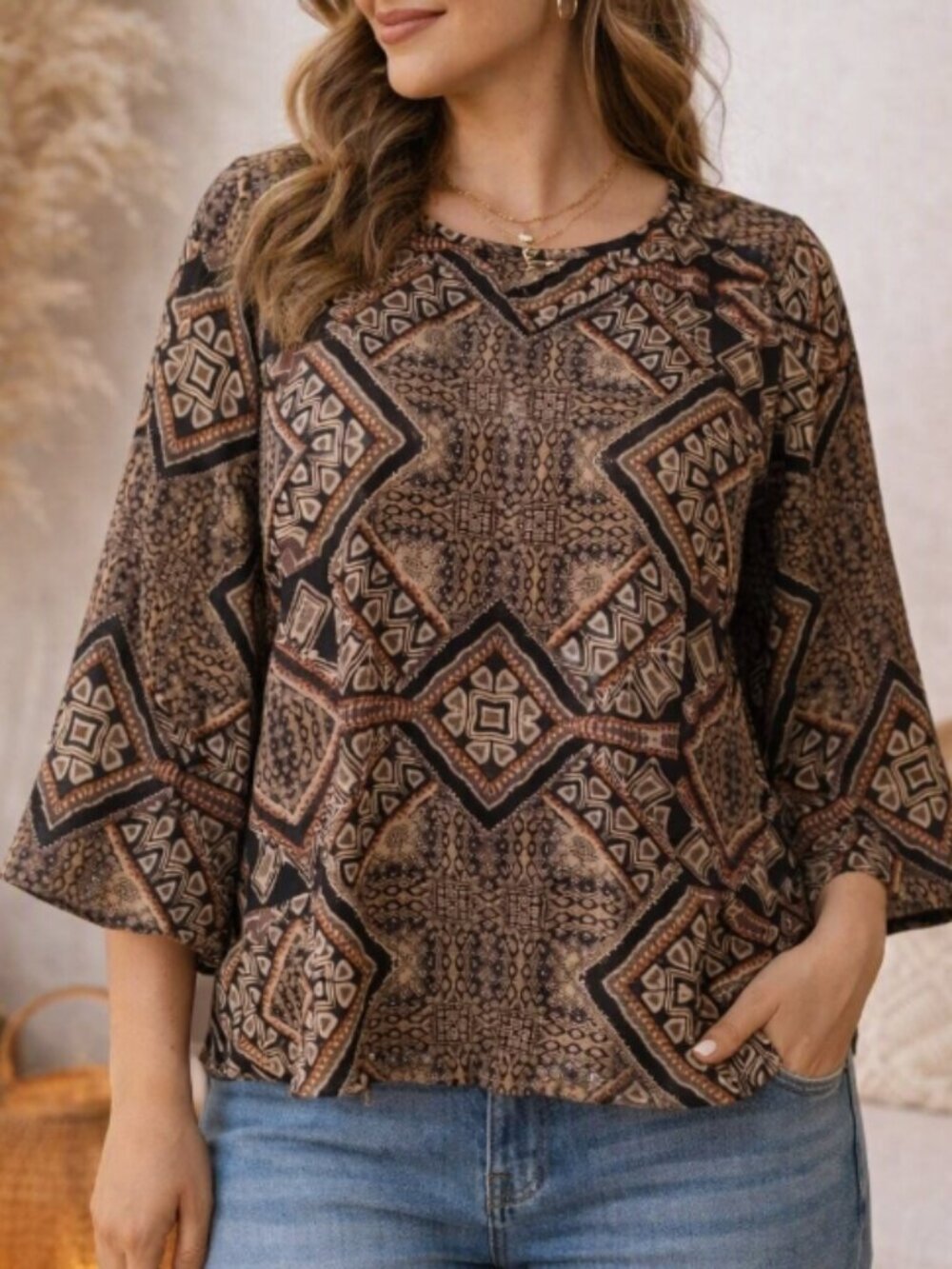Renee C Brown Geometric Blouse Top M Bell Sleeve Boho Chic Retro Made in USA